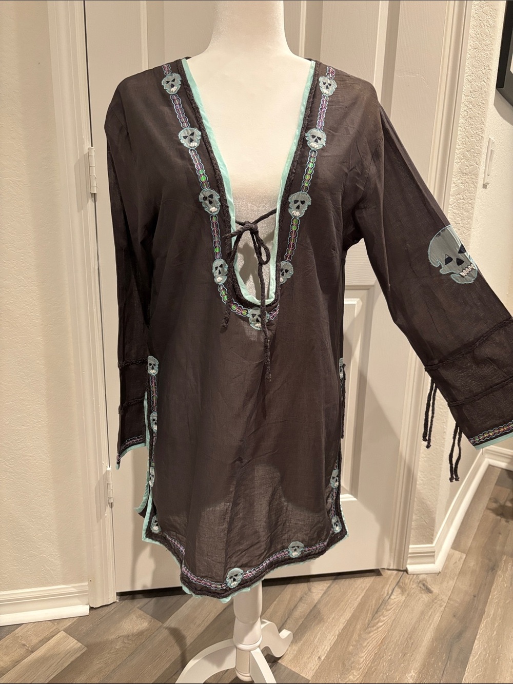 Letarte Handmade Brown Tunic with Mint Skull Trim and Tie Front